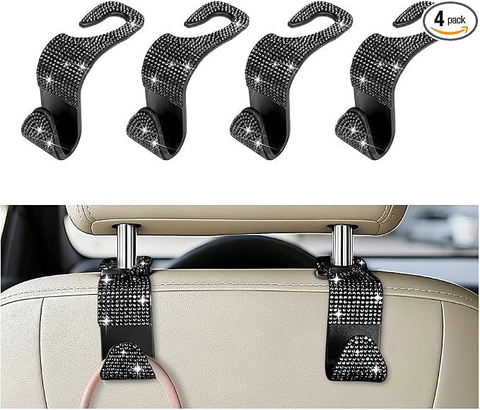 4PCS Bling Car Seat Headrest Hooks, Crystal Rhinestone Vehicle Back Seat Hanger Holder, Auto Interior Headrest Hanging Storage Organizer for Purse Handbag Coat, Universal Fit (Black)