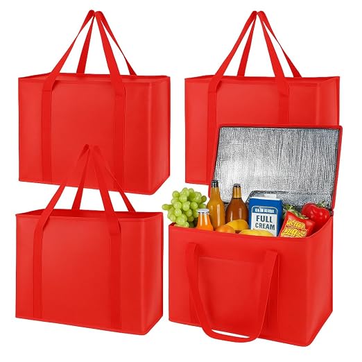 musbus 4 Pack xl Insulated Grocery shopping bag, Red, Cooler bag, zipper, Foldable, Tote, Cold and Hot,for Men/Women, Delivery, for Picnic
