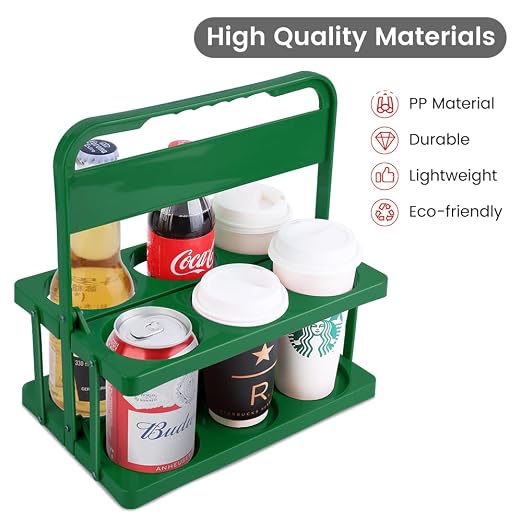Bodaon 6 Cup Drink Carrier with Handle, Plastic Cup Holders for Take Out Delivery Drivers, Reusable Foldable Car Drink Caddy, Leakproof Food Delivery Accessories, 360° Secure Grip, Green
