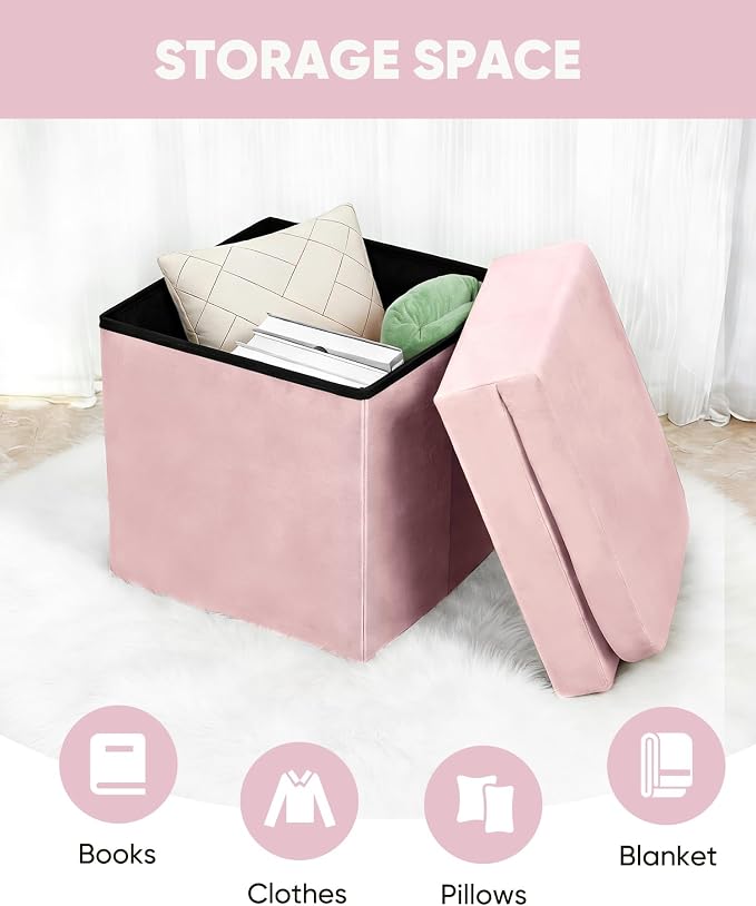 B FSOBEIIALEO Velvet Storage Ottoman with Seat Back, Folding Storage Chair for Living Room, Space-Saving Room Organizer Cubes, Toy Chest Storage Cubes Box (Pink, Medium)