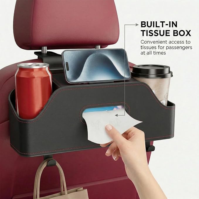Car Backseat Headrest Organizer, Multifunctional 4-in-1 Back Seat Tissue Box with Cup Holders Hooks, Auto Seat Back Storage Organizer for Hold Phones, Drinks, Bags, Universal Fit (Black)