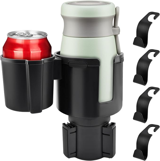 2-in-1 Car Cup Holder Expander with 4 Hooks - Upgraded Adjustable & Expandable Base, Offset Option, Versatile Car Accessories Fits Yeti, Hydroflask, Large Water Bottles