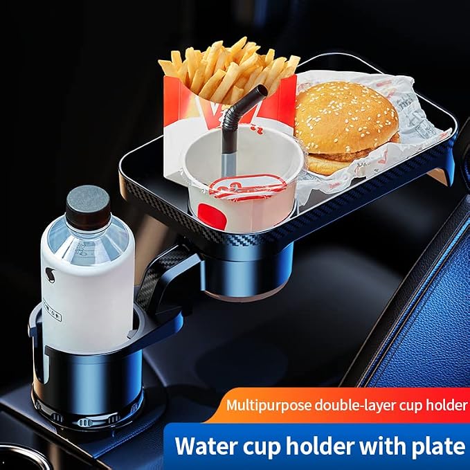 Car Cup Holder Tray, 2 in 1 Cup Holder Expander Car Food Table Tray with Adjustable Base, 360° Rotate Car Tray for Eating, Detachable Car Table Fits Yeti, Hydro Flask 16-46 oz