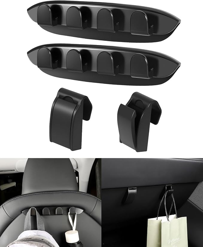 4-Pack Car Hooks for Tesla Model Y Juniper & Model 3 Highland Accessories 2026 2025, Retractable Glove Box Hanger & Rear Seat Clip, Interior Organizer for Handbag, Backpack, Grocery Bag