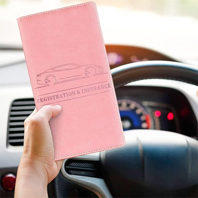 XINLIYA Car Registration and Insurance Card Holder, PU Glove Box Essential Documents Paperwork Driver License Organizer for Car, Wallet Case Auto Vehicle Truck Accessories for Women and Men (Rose