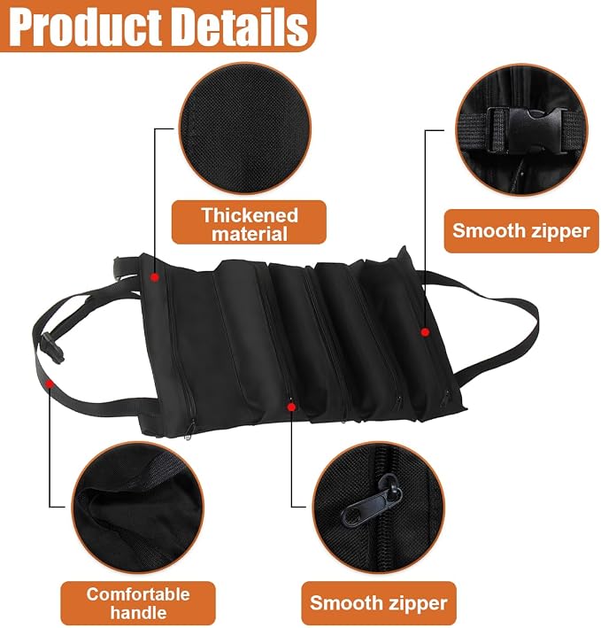 YoRise Car Seat Organizer, Oxford Cloth Roll Up Tool Bag With 5 Zipper Pockets, Hanging Back Seat Car Organizer, Portable Waterproof Vehicle Storage Accessories for Cars, Trucks, SUVs (Black)