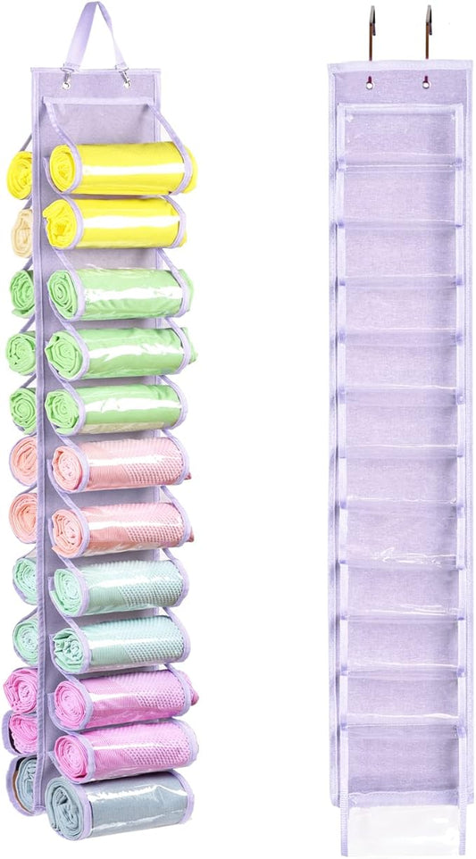 Legging Storage Bag Storage Hanger Can Holds 24 Leggings or Shirts Jeans Compartment Storage Hanger, Foldable Leggings Organizer Clothes Portable Closets Roll Holder (Light Purple)