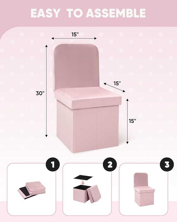 B FSOBEIIALEO Velvet Storage Ottoman with Seat Back, Folding Storage Chair for Living Room, Space-Saving Room Organizer Cubes, Toy Chest Storage Cubes Box (Pink, Medium)