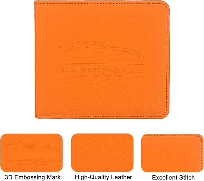 LumiMokki Car Registration and Insurance Holder, Leather Registration and Insurance Card Holder, Vehicle Glove Box Organizer - For Documents, Cards, License (Orange)
