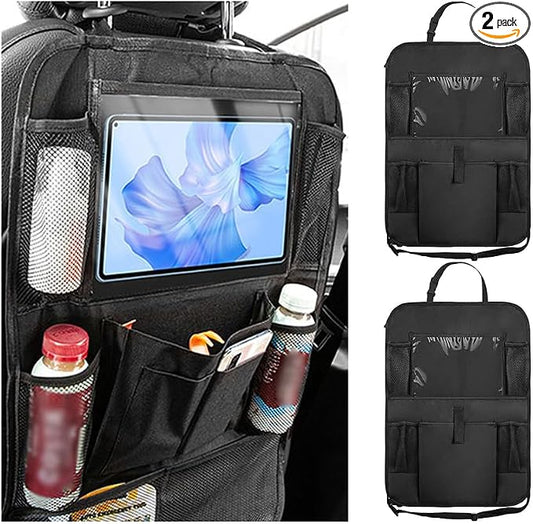 2PCS Car Backseat Organizer with Touch Screen Tablet Holder, Kick Mat Backseat Cover Protector for Kids Toddlers, 6 Storage Pocket Automotive Back Seat Organizer, Universal Fit