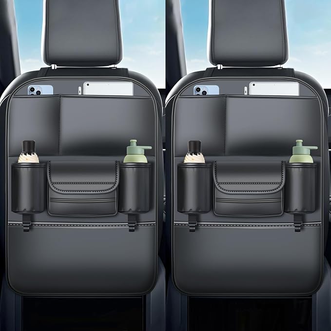 Backseat Car Organizer Leather Back of Seat Car Organizers for Drivers with Large Capacity 6 Storage Pockets Waterproof Kick Mats Seat Back Protector, 2 Pack