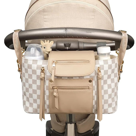 miss fong Checkered Stroller Caddy with Insulated Cup Holder Universal Stroller Organizer Bag Baby Storage Bag with Adjustable Strap, Fits for Baby Carriage like Uppababy, Baby Jogger, Umbrella