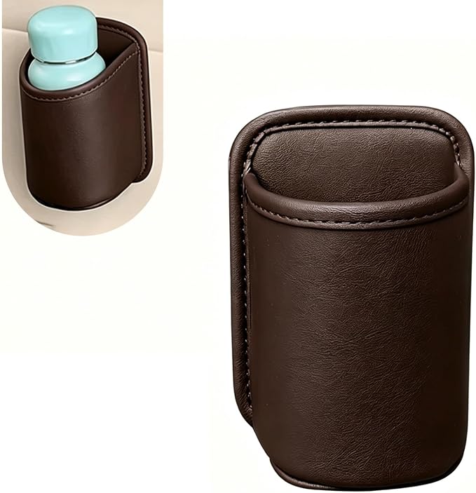 Car Cup Holder, Waterproof Leather Car Door Cup Holder, Clip-On Back Seat Storage Bag & Trash Can, Universal Hanging Drink & Phone Organizer Pocket for Most Cars (Brown)
