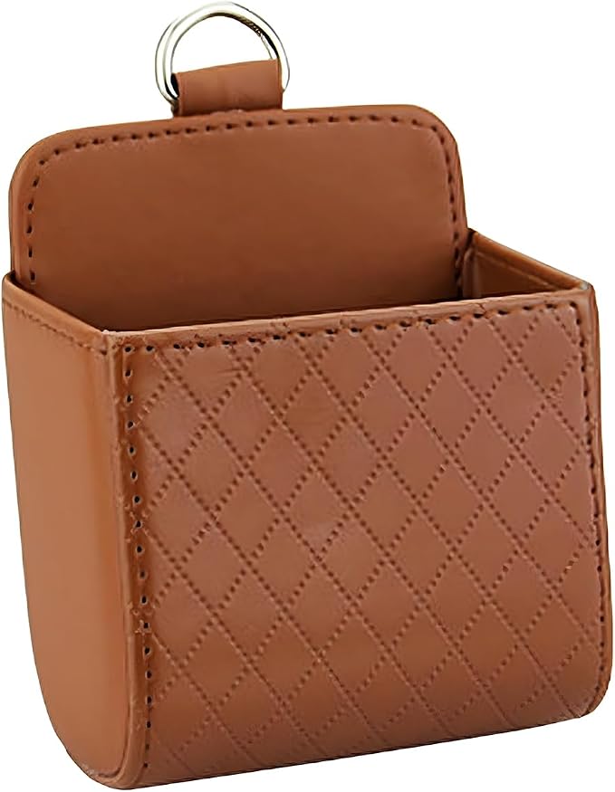 YoRise Car Air Vent Storage Bag, PU Leather Auto Hanging Storage Pouch with Hook, Portable Car Console Organizer, Vehicle Dashboard Organizer Accessories for Key, Cell Phone, Coin, Sunglasses (Brown)