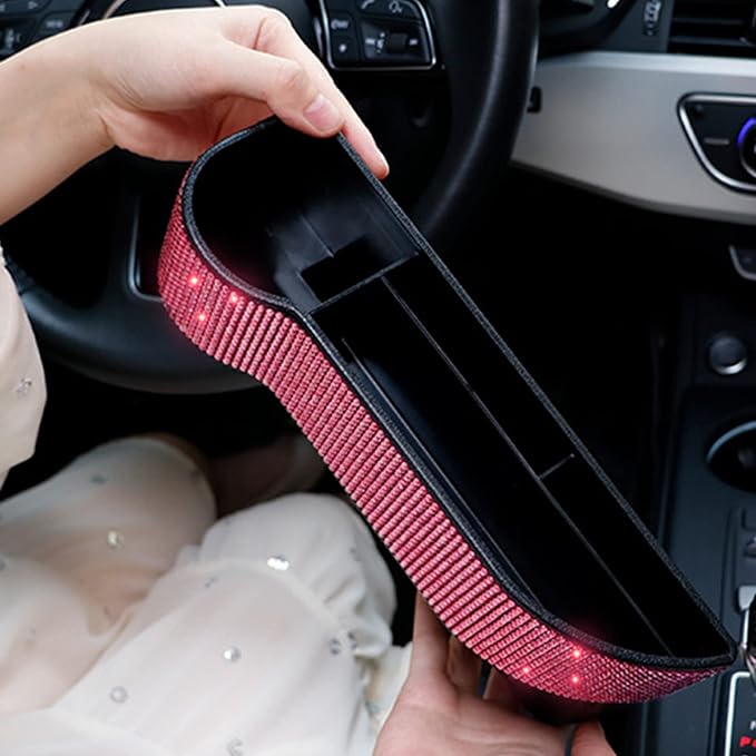 Bling Bling Car Seat Organizer Front Seat Gap Filler with Crystal Rhinestones Diamond, PU Leather Car Seat Console Storage Organizer for Car Accessories (2 Pack Pink)