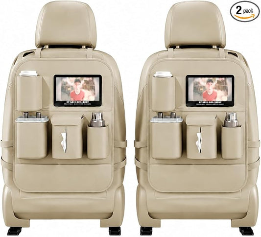 XDV Car Seat Organizers,Multi-functional Back Seat Protectors, Storage Pouches Kick Mats,Child kicking prevention and Tray Holders Tissue Box(for Cars, Kids, Seat Back and Rear Seats) (2, Beige)