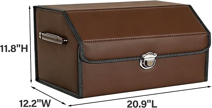 Leather Storage Box Car Trunk Organizer for Trunk SUV Sedan, Leather Foldable Storage Box with Lid (Brown 20.9" L*12.2" W*11.8" H)