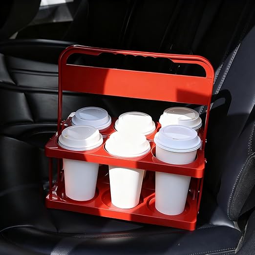 Bodaon 6 Cup Drink Carrier with Handle, Plastic Cup Carriers for Drinks, Drink Holder for Car, Take Out Delivery Drivers, Accessories, Portable Foldable Reusable Mobile, Use for Food Delivery Bag, Red