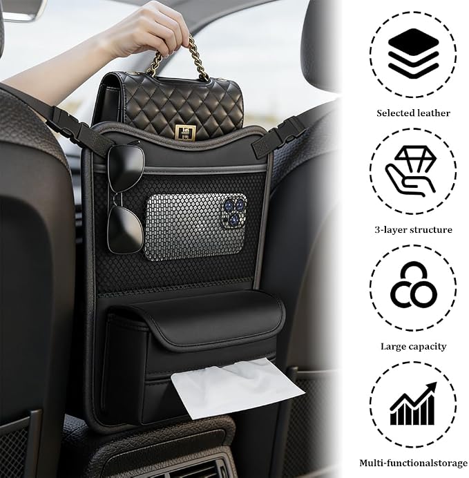 Car Organizer Storage Between Seats, Car Purse Holder, Nappa Leather Front Seat Storage Bag with Tissue Holder, Large Capacity Auto Console Organizer for Document Phone Wallet Snack (Black)