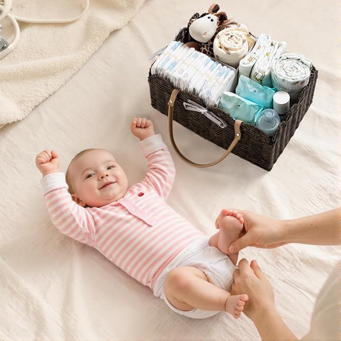HBlife Baby Diaper Caddy Organizer, Portable Scalloped Plastic Wicker Woven Basket with Divider, Nursery Diaper Station, Baby Shower Gifts Basket, Car Organizer, Washable Waterproof