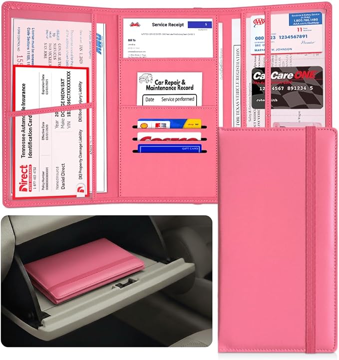 LINTRU Car Registration and Insurance Holder Trifold, Oversized Fit with Reinforced Construction, Matte PU Leather Vehicle Glove Box Organizer for Documents, Car Accessories for Men and Women | 3.0mm Reinforced, 16"×9.5" Oversized, Elastic Strap No Mag...