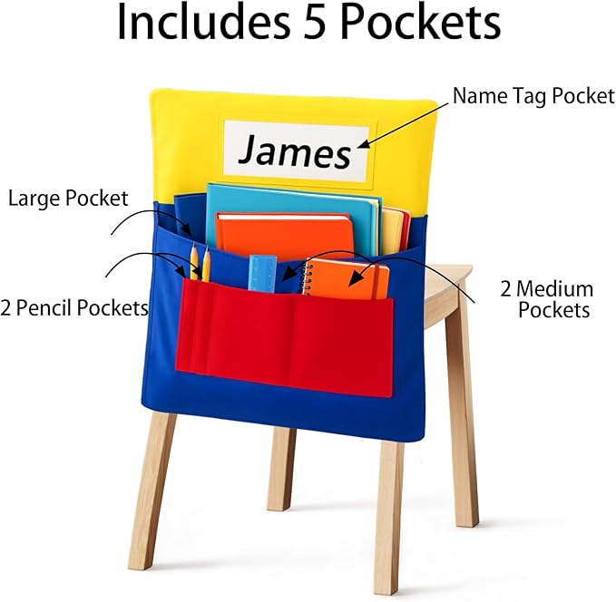 25 PCS Chair Pockets for Classroom Chairs, 15"W x 19"H Seat Sacks with 5 Pockets, Durable 600D Oxford Student Chair Bag Organizer with Name Tag Slot for K-5 Kindergarten School, Colorful