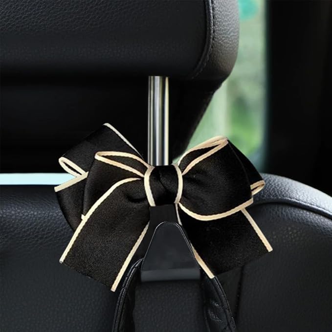 Mandark 2PCS Car Seat Headrest Hooks, Cute Bow Vehicle Hooks for Purses and Bags, Automotive Purse Hook Hanger Interior Decoration Accessories, Universal for SUV, Sedan, Truck (Black/White Line)