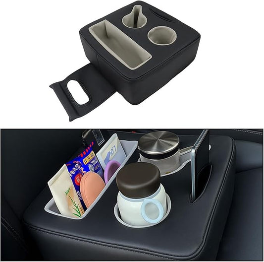 Car Back Seat Cup Holder, Leather Non-Slip Vehicle Rear Seat Drinks Tray Storage Organizer, Automotive Backseat Cup Holder Tray Expander, Universal for SUV Automobile Truck