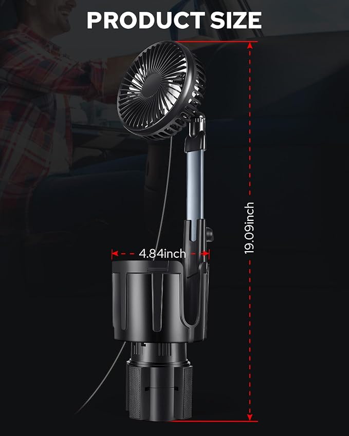 Benlari USB Car Fan with Cup Holder - Upgraded 2 in 1 Cup Fan Holder with 3 Powerful Speed Cooling Wind - Adjustable Extended Bracket Cup Holder for Vehicle Van Truck SUV RV