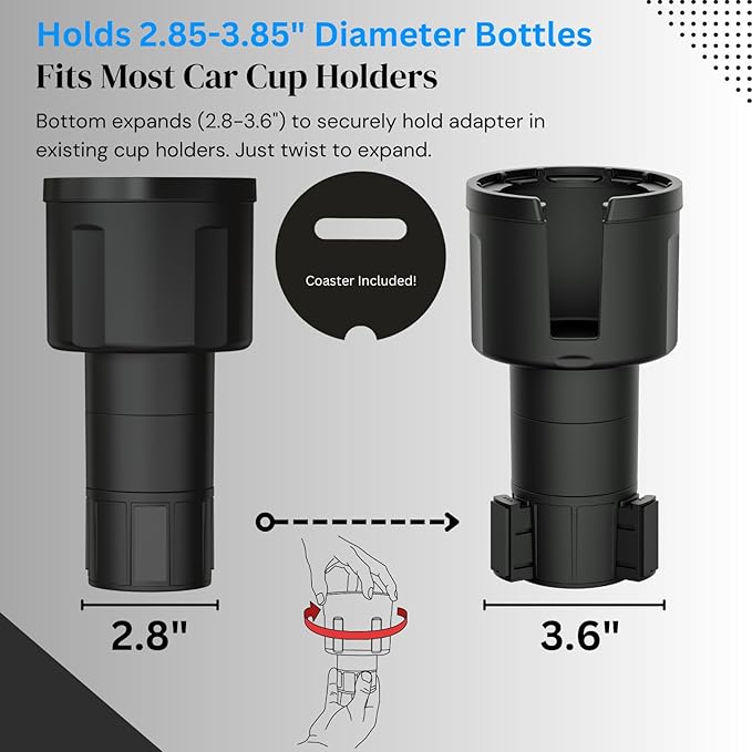 Swigzy Car Cup Holder Expander (Long Base) - Adjustable Expandable Insert Extender, Automotive Adapter Holds Hydro-Flask, Yeti, Nalgene, Large (32 40 oz) Water Bottles, Big Drinks - Universal