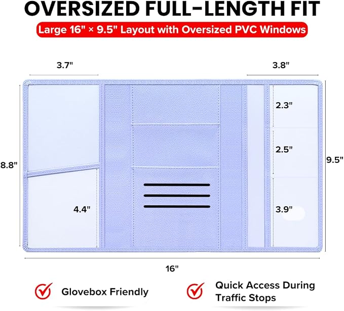 LINTRU Car Registration and Insurance Holder, 12-Pocket Trifold, Glove Box | 3.0mm Reinforced, 16"×9.5" Oversized, Elastic Strap No Magnet, PU Leather, Car Accessories for Men Women