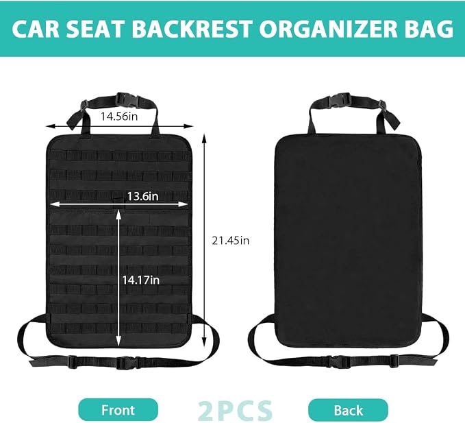 2 PCS Car Seat Back Organizer, Tactical MOLLE Sag Proof Vehicle Panel Backseat Cover Protector, Universal Molle Nylon Storage Bag Seat Back Hanger Pad for Car Truck SUV Pickup (Black)