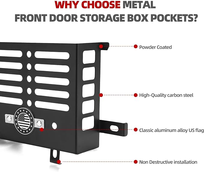 Metal Front Door Storage Box for Jeep Wrangler JK JKU 4XE 2011-2018 & Gladiator JT 2011-2018 Interior Storage Expansion Door Storage Side Pockets Insert Organizer Accessories (2-Pcs)