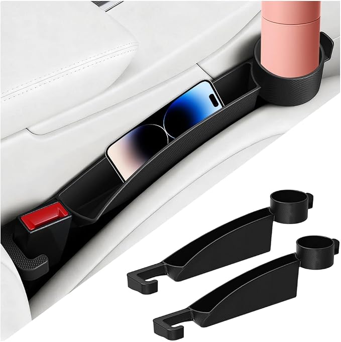 HZEL Car Seat Gap Organizer, 2PCS Dual Slot Anti-Drop Vehicle Console Side Filler Organizer with Cup Holder, Automotive Interior Seat Gap Plug Blocker, Universal for SUV Automobile Truck (Black)