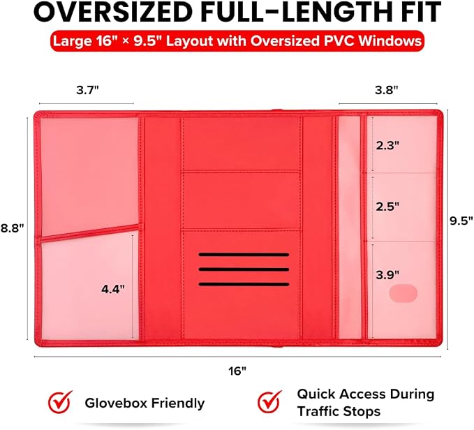 LINTRU Car Registration and Insurance Holder, 12-Pocket Trifold, Glove Box | 3.0mm Reinforced, 16"×9.5" Oversized, Elastic Strap No Magnet, PU Leather, Car Accessories for Men Women