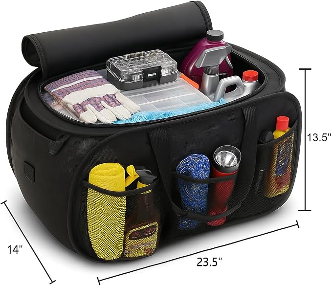 SR1 Performance USA RAM Pop Up Truck Bed & Back Seat Storage Organizer - Expandable Collapsible Cargo Caddy for Dodge RAM 1500, 2500, 3500 & TRX - Black with Logo