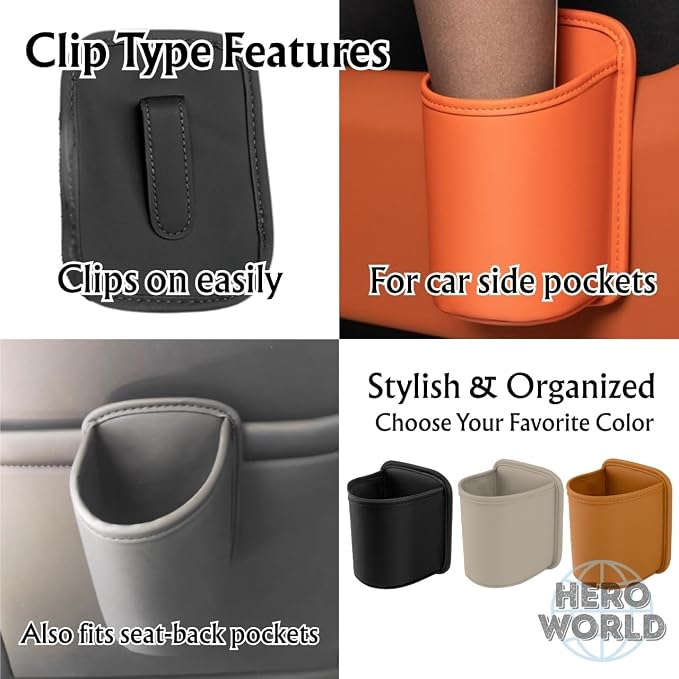 Large PU Leather Car Door Cup Holder Clip On or Hook Style Drink Holder Seat Side Hanging Storage Pocket for Water Bottle Coffee Cup Rear Back Seat Organizer (Clip, Black)