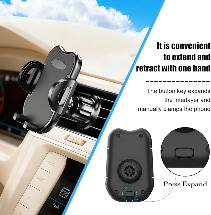 Car Phone Holder, 360° Rotatation Vehicle Air Vent Cell Phone Mount with Hook Clip, Hands Free Automotive Interior Smartphones Cradle, Universal for Most Vehicles (Black)
