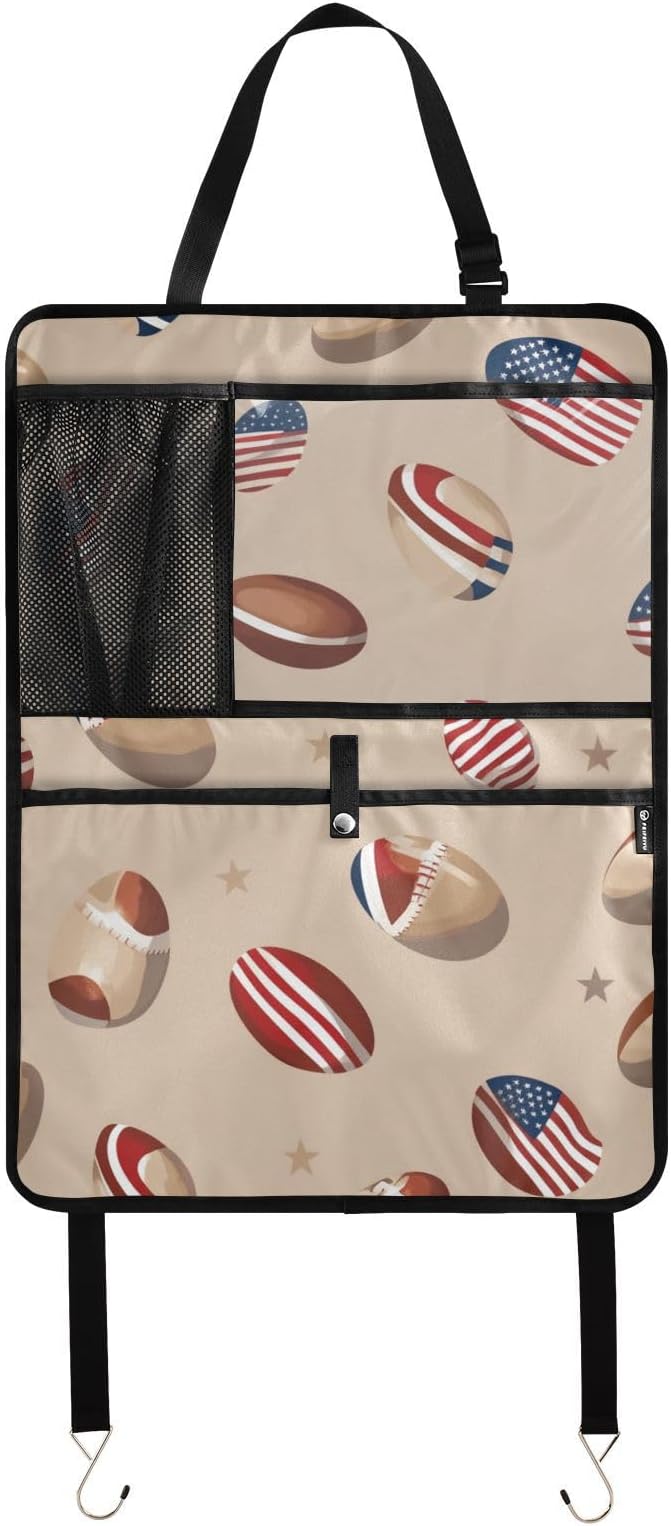 Brown Football and Flag 2 Pack Backseat Car Organizer with Storage Pockets Seat Back Organizers for Kids Kick Mats Backseat Protector Automotive