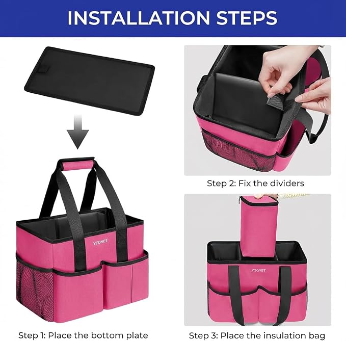 Ytonet Cleaning Caddy, Water Resistant Cleaning Supplies Organizer with Handle & Foldable Divider for Cleaners, Housekeeping Tote for Kitchen & Bathroom, Car Tool Caddy Organizer Bag, Rosered