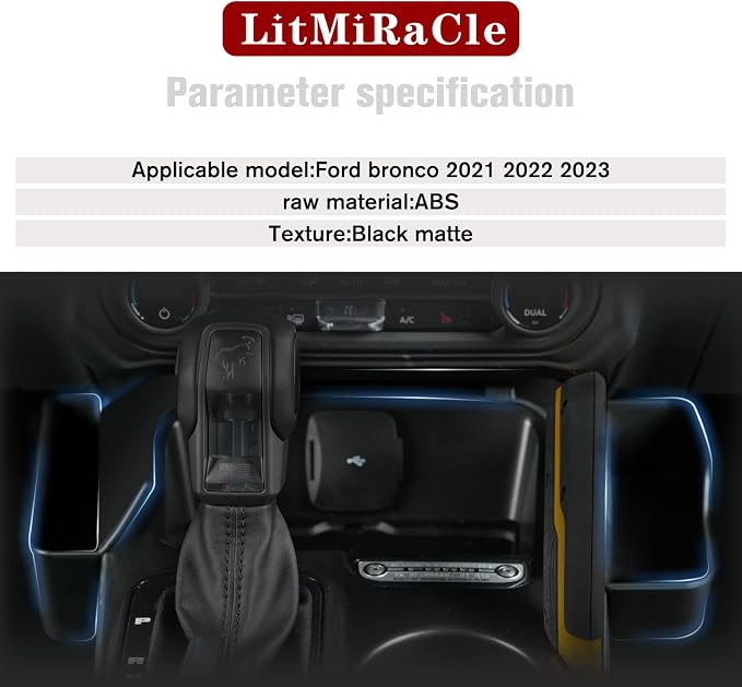 Center Console Gear Shift Organizer Tray Compatible with Ford Bronco 2021 2022 2023 2/4 Door, Center Console Gear Side Storage Box in Matte Black, Interior Accessories