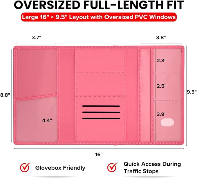 LINTRU Car Registration and Insurance Holder Trifold, Oversized Fit with Reinforced Construction, Matte PU Leather Vehicle Glove Box Organizer for Documents, Car Accessories for Men and Women | 3.0mm Reinforced, 16"×9.5" Oversized, Elastic Strap No Mag...
