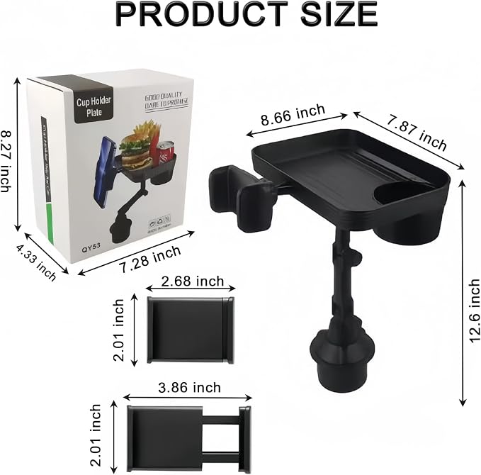 Vehicle-Mounted Multifunctional Water Cup Holder Tray Black Adjustable Cup Holder Dining Plate Expandable Bracket Storage Space-Saving (Tray + Phone Stand)