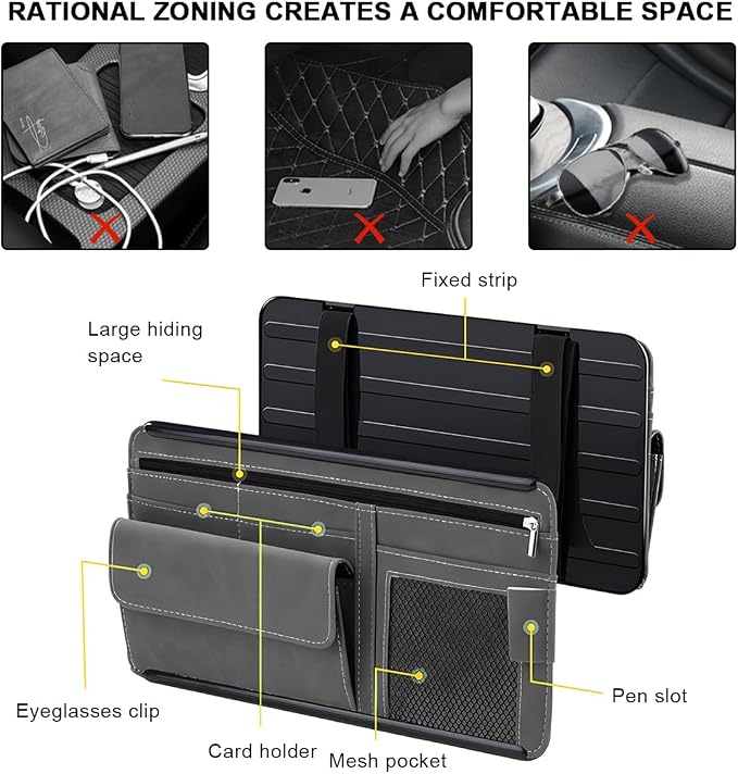 Car Sun Visor Organizer, Leather Sun Visor Pocket Organizer Case with Multi-Pocket Net Zipper, Suede Note Holder Car Visor Storage Pouch for Card Pen Sunglasses Document (Black)