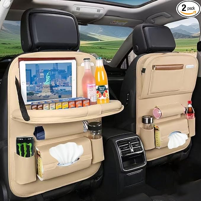 YiYang Car Back Seat Organizer with Foldable Tray, Multi-Pocket Storage, Tablet Holder, Cup Holders (2, Beige)