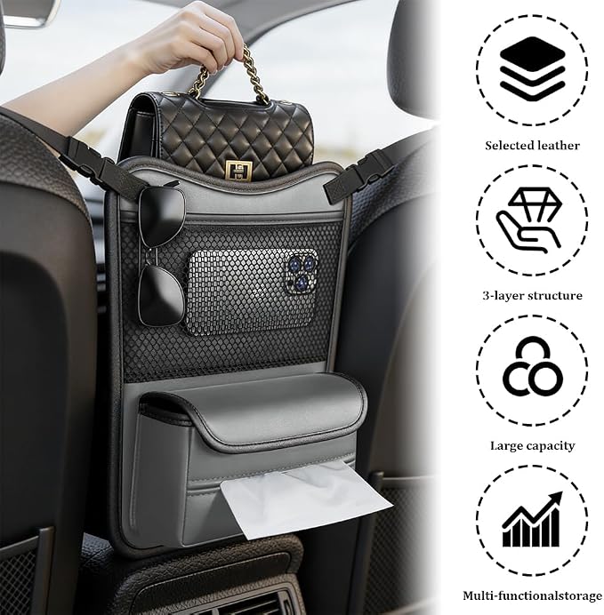 Car Organizer Storage Between Seats, Car Purse Holder, Nappa Leather Front Seat Storage Bag with Tissue Holder, Large Capacity Auto Console Organizer for Document Phone Wallet Snack (White)