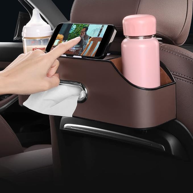 HAOTULE New car headrest Rear seat Multifunctional Storage Box, partition Design, with Cup Holder, Tissue Box, headrest Hook, Suitable for Children and Adults, car Travel Accessories（Coffee Color）