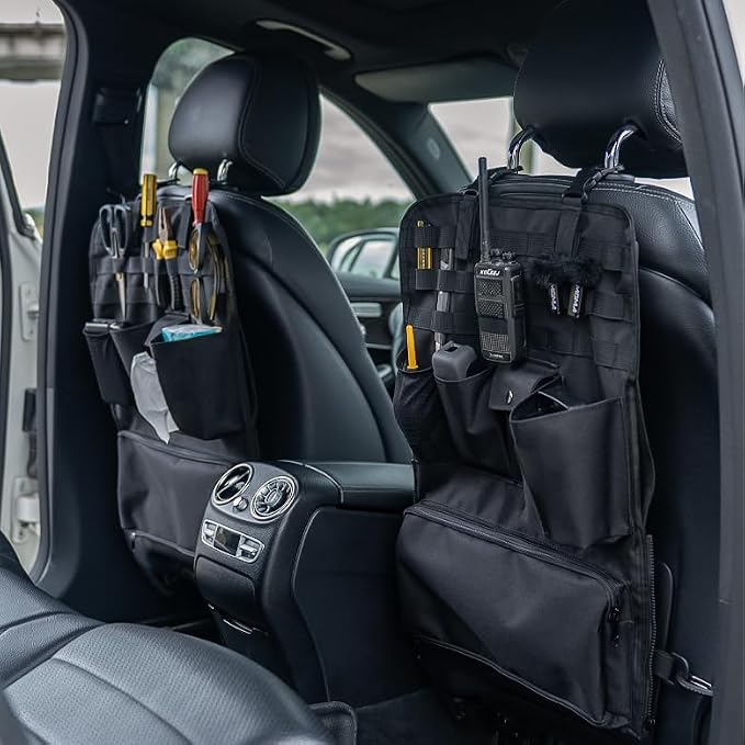 GMQ Car Seat Organizer,Multifunctional Tactical Car Seat Back Storage Pocket with Molle Pouch,Universal Fits for SUV,F150,Car Truck for Road Trips (1, Black)