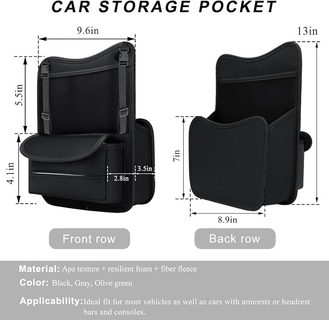 Car Organizer Storage Between Seats, Leather Car Console Hanging Storage Organizer with Mesh Pocket Tissue Box, Multi-Functional Large Capacity Headrest Holder Bag for Purse Snack (Black)