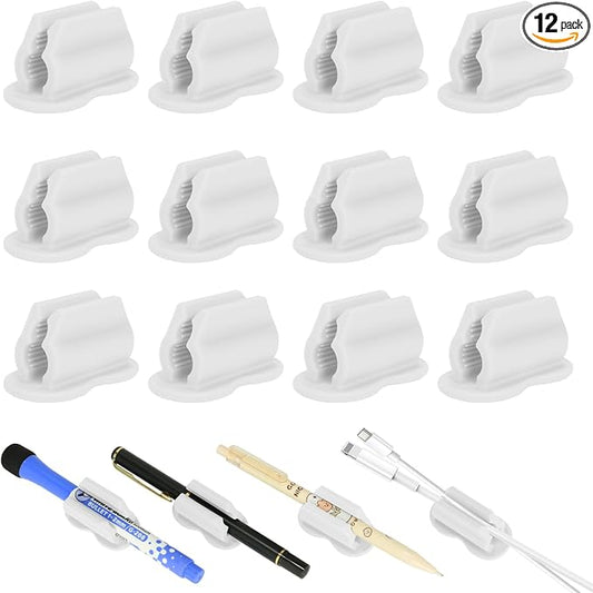 Biottro 12PCS Adhesive Pen Holder Pencil Holder for Desk Wall Clipboard Car Silicone Pens Markers Pencils Organizer Teacher Supplies Office Supplies (12PCS White)